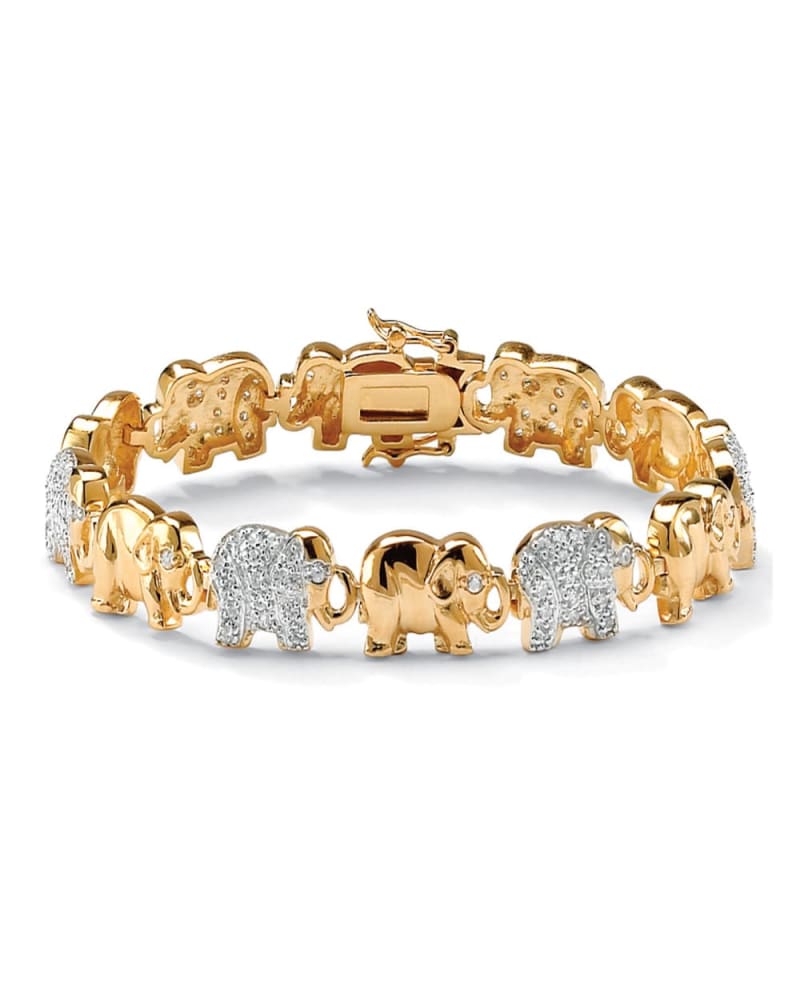 Front of a size 8 in 1.32 TCW Pave Cubic Zirconia Elephant-Link Charm Bracelet in 18k Gold-Plated 8" in White by PalmBeach Jewelry. | dia_product_style_image_id:297170